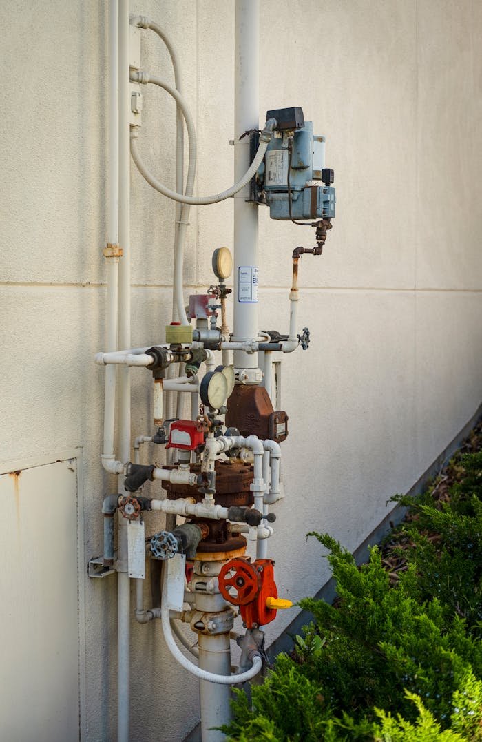 services-03 Detailed view of industrial pipes and meters against a concrete wall with green plants below.